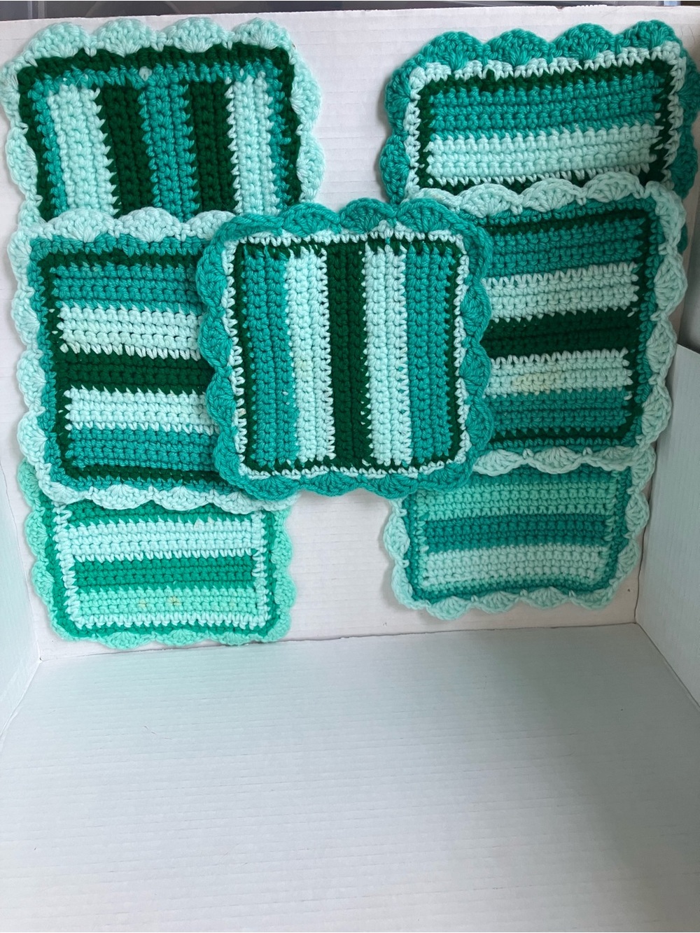 Hand-Crocheted Green Striped Kitchen Dining Cloths or Mats - Set of 7 Aprox 7” - Picture 5 of 10